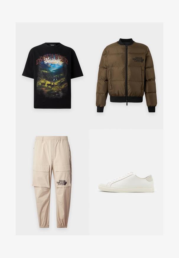 Olive green puffer jacket with a zip front, ribbed cuffs, and hem. Features black logo print on the chest and quilted design.; Black short-sleeved t-shirt featuring a colorful landscape graphic with deer, mountains, and the words "DSQUARED2 Heritage" in bold lettering.; Beige cargo pants made of lightweight fabric, featuring an elastic waistband, zip pockets, and a printed logo on the left leg.; White leather sneaker with a smooth surface, round toe, and minimalistic design. Features beige accents on the heel and a rubber sole.
