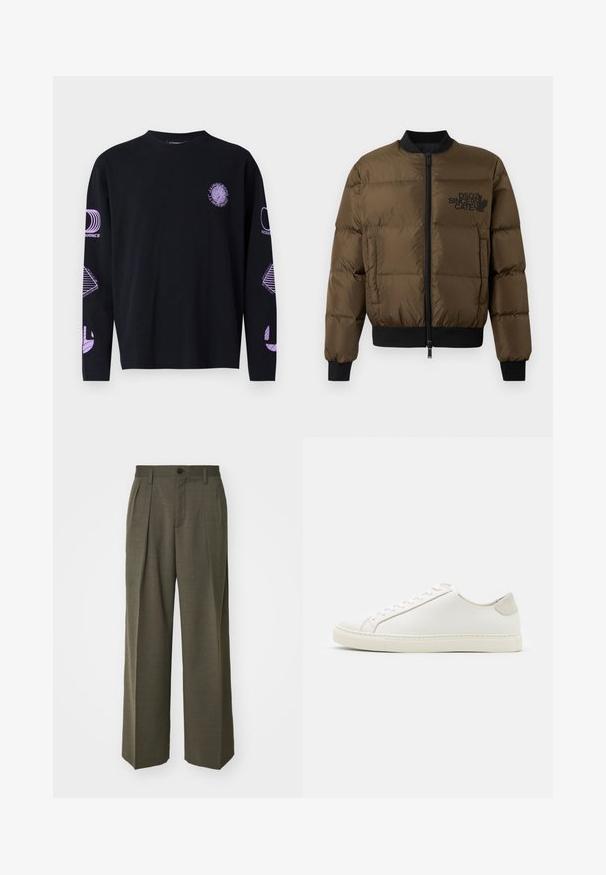 Olivgrüne Steppjacke mit Reißverschluss vorne, gerippten Bündchen und Saum. Mit schwarzem Logo-Print auf der Brust und gestepptem Design.; Schwarzes Langarm-T-Shirt mit lila Grafiken auf der Brust und den Ärmeln, aus einem Stoff mit einer glatten Textur. Rundhalsausschnitt-Design.; Filippa K WIDE TROUSERS - Stoffhose - driftwood; Weiße Leder Sneakers mit glatter Oberfläche, runder Zehenform und minimalistischem Design. Mit beigen Akzenten an der Ferse und einer Gummisohle.