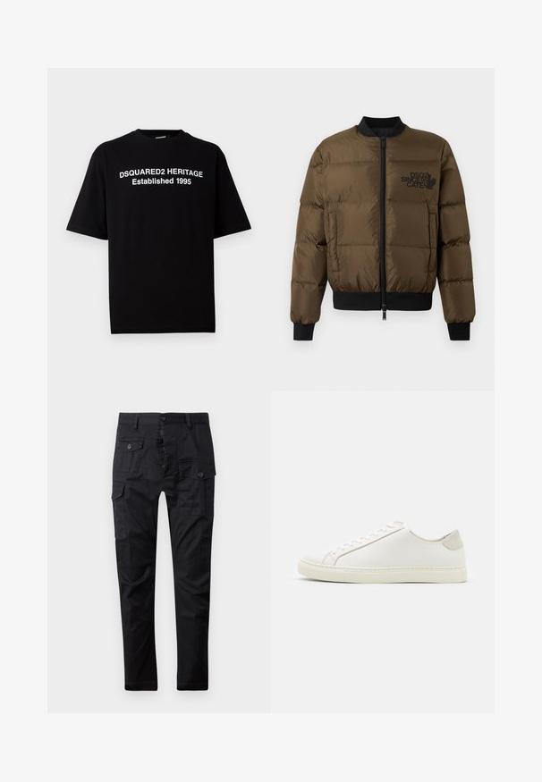 Olive green puffer jacket with a zip front, ribbed cuffs, and hem. Features black logo print on the chest and quilted design.; Black short-sleeve t-shirt in cotton with a crew neck, featuring white text: "DSQUARED2 HERITAGE Established 1995" on the front.; Black cargo pants made of durable fabric, featuring multiple pockets, a button fly, and a straight leg design. Smooth texture and matte finish.; White leather sneaker with a smooth surface, round toe, and minimalistic design. Features beige accents on the heel and a rubber sole.