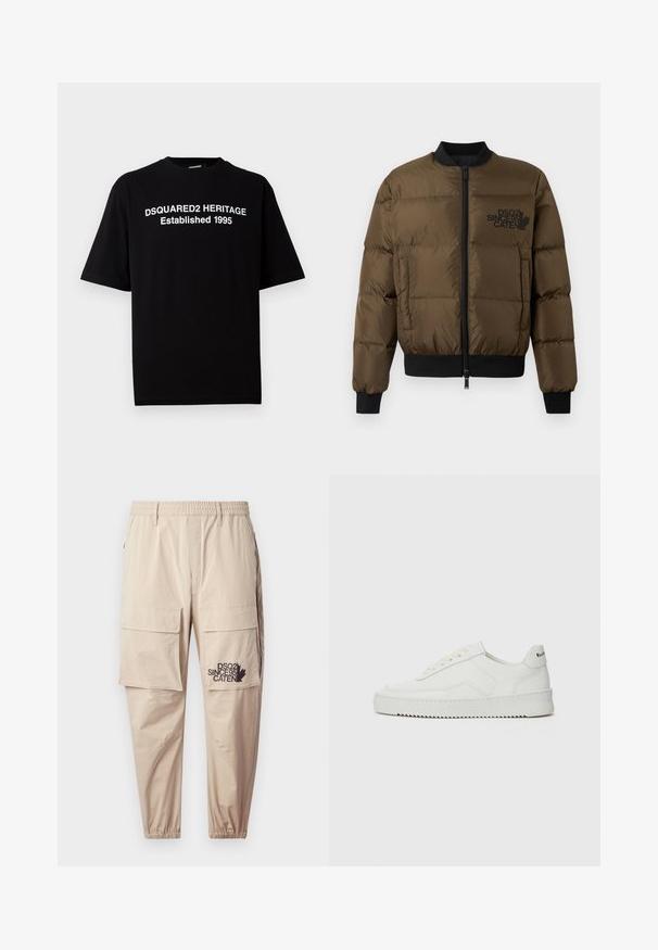 Olíva zöld puffernadrág, cipzárral elöl, bordás mandzsettákkal és szegéllyel. Fekete logónyomattal a mellkason és steppelt dizájnnal rendelkezik.; Fekete, rövid ujjú pamut póló, kerek nyakkivágással, fehér felirattal: "DSQUARED2 HERITAGE Established 1995" elől.; Beige cargo nadrág könnyű anyagból, rugalmas derékkal, cipzáras zsebekkel és nyomott logóval a bal lábon.; Fehér bőr sportcipő sima felülettel, kerek orral, lapos fűzőkkel és texturált talppal. Finom logó található a sarokon.