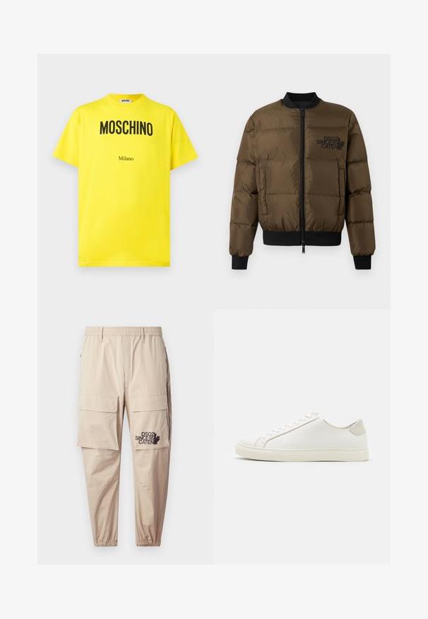 Olivroheline puffjakiga, millel on ees lukuga diy, soonikkoes varrukad ja alläär. Omab musta logo trükist rinnal ja tikandit.; Kollane puuvillane t-särk, millel on must "Moschino" logo ja tekst "Milano", ümar kaelus, lühikesed varrukad ja mugav lõige.; Beežid cargo püksid, mis on valmistatud kergest kangast, elastse vöökohtaga, vetthülgavate taskutega ja trükitud logoga vasakul säärel.; Valge nahast sneaker, millel on sile pind, ümar varvas ja minimalistlik disain. Omab beeže aktsente kontsas ja kummist tallat.