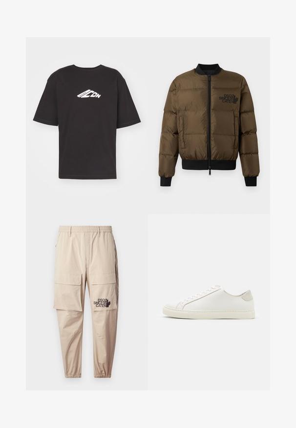 Olijfgroene pufferjack met een ritssluiting aan de voorkant, geribbelde manchetten en zoom. Bevat een zwart logo op de borst en een gequilt ontwerp.; Zwart T-shirt met korte mouwen van katoen, voorzien van een wit grafisch logo op de voorkant, ronde halslijn en rechte onderkant.; Beige cargopantalon van lichtgewicht stof, met een elastische tailleband, ritszakken en een bedrukte logo op het linkerbeen.; Witte leren sneaker met een gladde oppervlakte, ronde neus en minimalistisch ontwerp. Heeft beige accenten op de hiel en een rubberen zool.