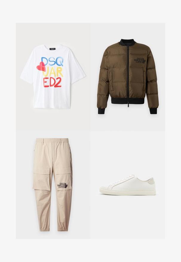 Olive green puffer jacket with a zip front, ribbed cuffs, and hem. Features black logo print on the chest and quilted design.; White short-sleeve t-shirt with colorful text: "DSQ JAR ED2" in blue, yellow, and red, featuring a red heart accent. Cotton fabric.; Beige cargo pants made of lightweight fabric, featuring an elastic waistband, zip pockets, and a printed logo on the left leg.; White leather sneaker with a smooth surface, round toe, and minimalistic design. Features beige accents on the heel and a rubber sole.