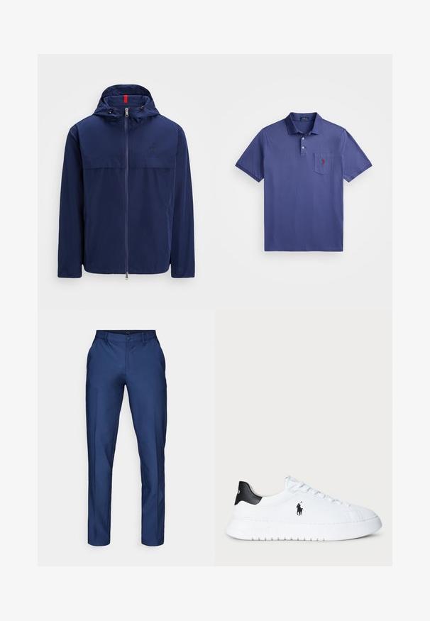 Mornarska lahka jakna s kapuco, sprednjim zadrgo in vrvico. Ima šiv na prsih in majhen logotip na levi strani. Gladek, vodoodporen material.; Vijolična polo majica iz bombaža, s tremi gumbi na zapenjanju, kratkimi rokavi in predsunkom na prsih z rdečo vezenino logotipa.; Moške hlače ravnega kroja v mornarsko modri barvi z zankami za pas, sprednjim gumbom in stranskimi žepi na belem ozadju.; Bela nizka športna obutev s črnim petnim delom in črnim logotipom Polo Ralph Lauren na strani, z belimi vezalkami in debelim gumijastim podplatom.