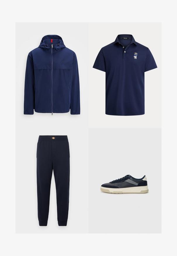 Merijätkän kevyt takki hupulla, etuvetoketjulla ja kiristysnauhalla. Sisältää rintasauman ja pienen logon vasemmalla puolella. Sujuva, vettä hylkivä kangas.; Tummansininen pikeepaita pehmeästä kankaasta, jossa on kolme napillinen kaulus ja vasemmassa rinnassa pieni kirjailtu hahmotunniste.; Laivastonsiniset collegehousut pehmeästä kankaasta, joissa on kultaiset metalliosat sisältävä nyöritysvyötärö, sivutaskut ja kapeutetut resorit.; BOSS BALTIMORE - Matalavartiset tennarit - open blue