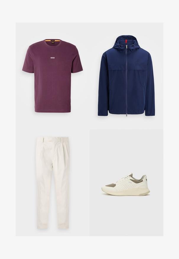 Tengerészeti könnyűdzseki kapucnival, elülső cipzárral és húzózsinórral. Mellkasi varrás és kis logó található a bal oldalon. Sima, vízálló anyagból készült.; Lila pamut póló, kerek nyakkal, rövid ujjú és fehér "BOSS" logóval a mellrészen. Sima tapintású és normál szabású.; Fehér, pliszírozott nadrág, testre szabott szabással, sima felülettel, övhurkokkal és karcsú lábszárral. Nincs látható zseb vagy minta.; Fehér és világos bézs sportcipő, légies hálós felsőrésszel, perforált részletekkel és texturált középtalppal, amelyen a saroknál a márka logója található.