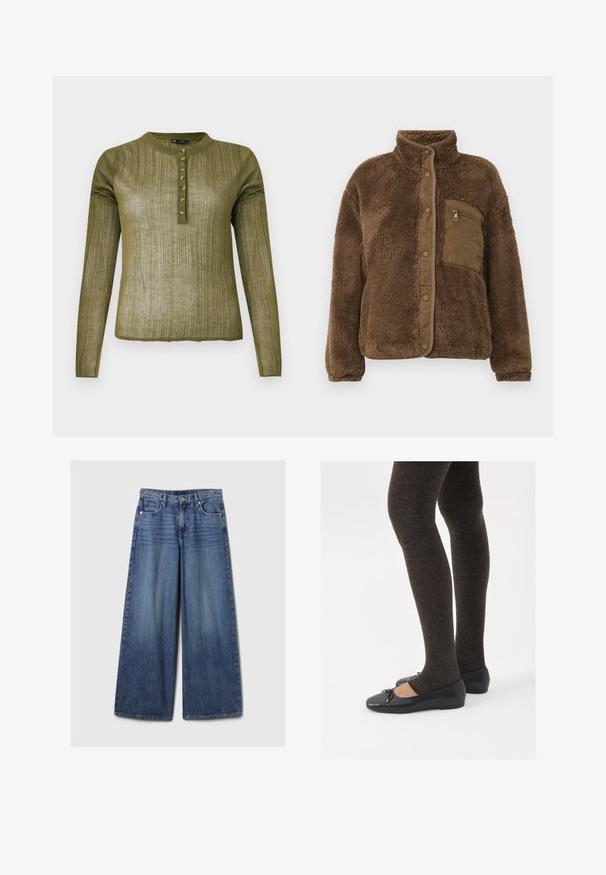 Brown fleece jacket with a high collar, featuring a quilted chest pocket and snap closures along the front. Soft, textured fabric.; Olive green long-sleeve shirt with a ribbed texture, round neckline, and seven buttons along the placket in front.; Wide-leg blue denim jeans with a faded finish, featuring a button and zipper closure, five pockets, and belt loops.; Black flat shoes with a small bow detail at the toe, paired with dark brown ribbed tights. Shoes have a smooth texture and low profile.