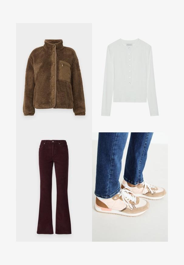 Casaco de fleece castanho com colarinho alto, apresentando um bolso peitoral acolchoado e fecho de pressão na parte da frente. Tecido macio e texturizado.; Blusa branca de mangas compridas feita de tecido canelado, com decote redondo e parte da frente com botões, apresentando seis botões transparentes.; Calças de veludo cotelê burgundy com um toque suave, cinco bolsos e fecho de botão metálico na cintura.; Ténis com uma combinação de pele rosa claro e camurça bege, apresentando atacadores brancos, uma entressola branca e uma sola de borracha texturizada. Os jeans de denim são ligeiramente cortados acima do sapato.