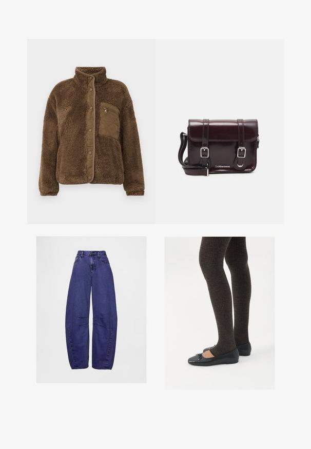 Brūns flīsa žakets ar augstu apkakli, ar quiltētu krūšu kabatu un pogu aizdari gar priekšpusi. Mīksts, strukturēts audums.; Balts ilgas piedurknes tops, izgatavots no ribota auduma, ar apaļu kakla izgriezumu un pogu priekšpusi ar sešām caurspīdīgām pogām.; Augsta vidukļa, brīva piegriezuma purpura džinsi ar priekšējām kabatām, pogu aizdari un izšuvumiem uz ceļgaliem.; Melnas plakano formas kurpes ar mazu loku uz pirksta, apvienotas ar tumši brūnām ribotām zeķubiksēm. Kurpēm ir gluda tekstūra un zems profils.; Burgundijas lakotas ādas crossbody soma ar taisnstūrveida formu, divām siksnām, sudraba krāsas aksesuāriem un vāku ar aizdari.