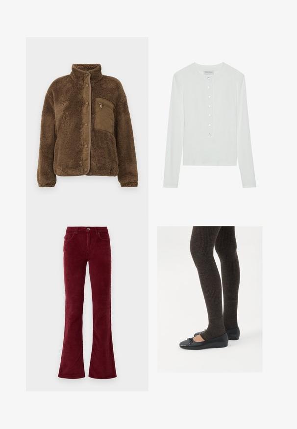 Brown fleece jacket with a high collar, featuring a quilted chest pocket and snap closures along the front. Soft, textured fabric.; White long-sleeve top made of ribbed fabric, featuring a round neckline and a buttoned front with six clear buttons.; Burgundy corduroy flared pants with front pockets, belt loops, and a button closure on a plain white background.; Black flat shoes with a small bow detail at the toe, paired with dark brown ribbed tights. Shoes have a smooth texture and low profile.