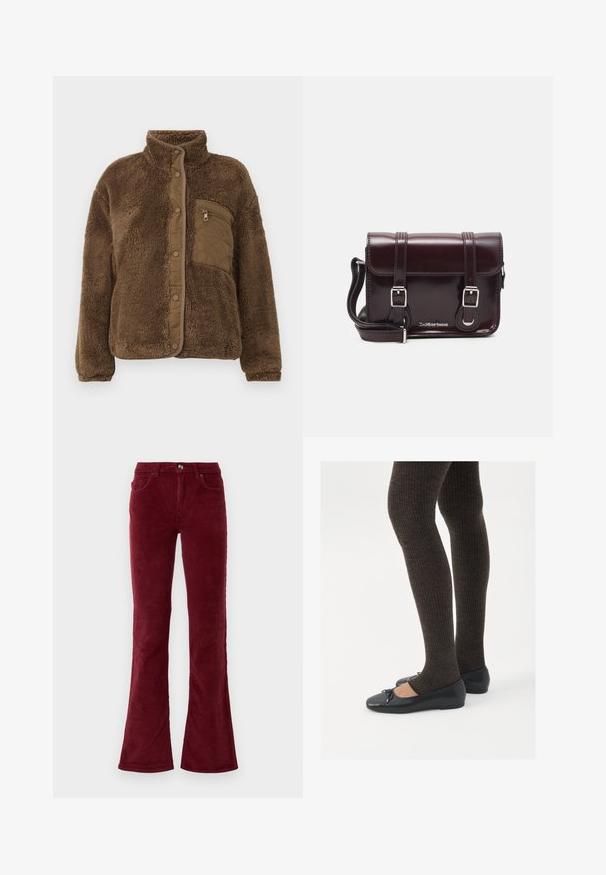Brun fleecejakke med høy krage, med en quiltet brystlomme og trykknapper foran. Myk, teksturert stoff.; Hvit langermet topp laget av ribbestrikket stoff, med rund halslinning og en knappet front med seks klare knapper.; Burgunderfargede kordfløyelsbukser med utsvingte ben, frontlommer, beltehemper og knappefeste på en enkel hvit bakgrunn.; Sorte flate sko med en liten sløyfedetalj på tåen, kombinert med mørkebrune ribbede strømpebukser. Skoene har en glatt overflate og lav profil.; Burgunderfarget patentlær crossover-veske med rektangulær form, to stropper, sølvfarget hardware og klaffelukking.