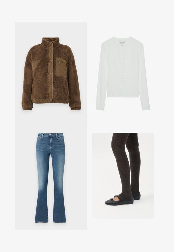 Rjava flis jakna z visokim ovratnikom, ki ima prešit prsni žep in zaponke spredaj. Mehka, teksturirana tkanina.; Bela dolga majica z dolgimi rokavi, izdelana iz rebraste tkanine, z okroglim izrezom in sprednjim delom s šestimi prozornimi gumbi.; Zavese prave modre flare jeans hlače z visokim pasom, gumbom za zapiranje, petimi žepi in subtilnimi šivi ob šivih.; Črne ravne čevlje z majhnim lokom na prstih, v kombinaciji s temno rjavimi rebrastimi nogavicami. Čevlji imajo gladko teksturo in nizko obliko.