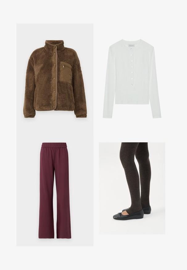 Bruine fleecjas met een hoge kraag, voorzien van een gewatteerde borstzak en drukknoopsluitingen aan de voorkant. Zachte, gestructureerde stof.; Witte lange mouwen top van ribstof, met een ronde halslijn en een knopenfront met zes doorzichtige knopen.; Bordeaux wijde broek met een elastische tailleband, gemaakt van zachte stof, met een gladde textuur en een ontspannen pasvorm.; Zwarte platte schoenen met een kleine strikdetail op de neus, gecombineerd met donkerbruine geribbelde panty’s. De schoenen hebben een gladde textuur en een lage profiel.