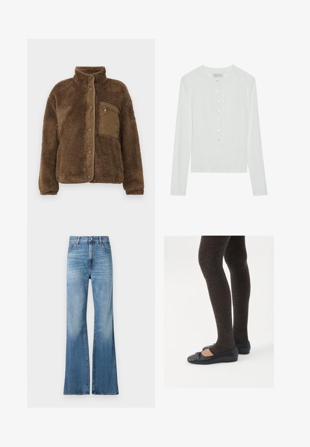 Ruda pūkinė striukė su aukštu kaklu, turinti siuvinėtą krūtinės kišenę ir snapelių užsegimus priekyje. Minkšta, tekstūruota medžiaga.; Balta ilga rankovė viršutinė dalis, pagaminta iš glotnaus audinio, su apvaliu iškirpimu ir mygtukais priekyje, turinčiais šešis permatomus mygtukus.; Replay BECKA PANTS - Laisvo kirpimo džinsai - medium blue; Juodos plokščios bateliai su maža kaspinėlio detale prie pirštų, derinami su tamsiai rudos spalvos raukšlėtomis pėdkelnėmis. Bateliai turi lygų paviršių ir žemą profilį.