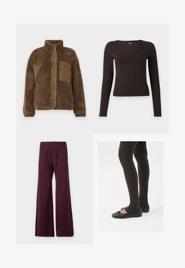Braune Fleece-Jacke mit hohem Kragen, ausgestattet mit einer gesteppten Brusttasche und Druckknöpfen auf der Vorderseite. Weicher, strukturierter Stoff.; Schwarzes, langärmliges, figurbetontes Oberteil mit quadratischem Ausschnitt, gekennzeichnet mit GAP, vor einem weißen Hintergrund präsentiert.; Bordeauxfarbene weit geschnittene Hose aus einem leichten Stoff. Verfügt über einen vorderen Knopf- und Reißverschluss sowie eine glatte, gleichmäßige Textur.; Schwarze flache Schuhe mit einem kleinen Schleifendetail an der Zehe, kombiniert mit dunkelbraunen gerippten Strumpfhosen. Die Schuhe haben eine glatte Textur und ein niedriges Profil.