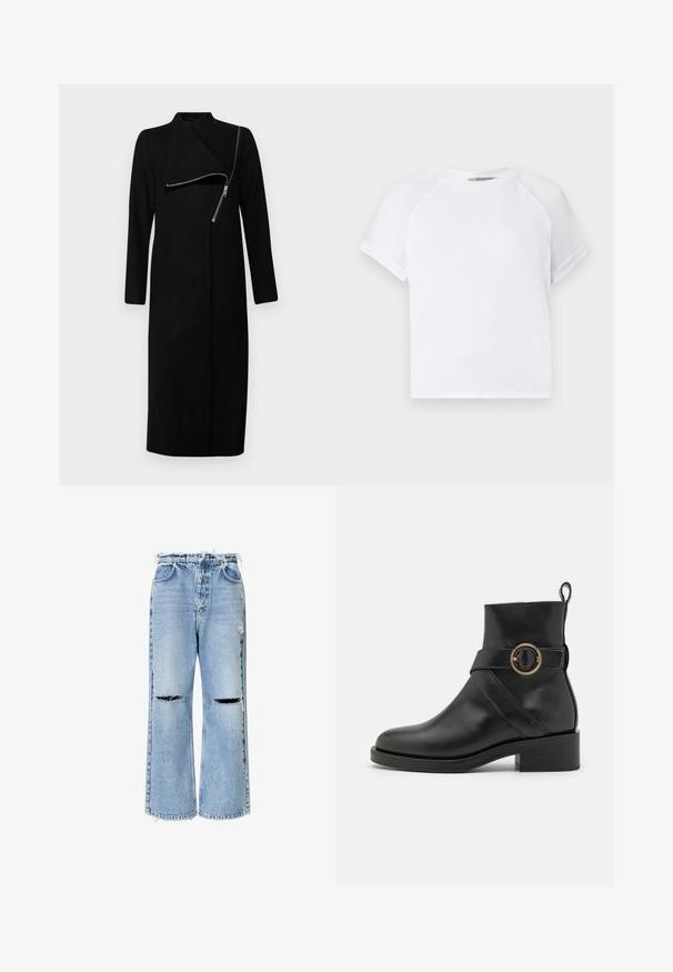 AllSaints MARGOH COAT - Klassinen takki - black; Valkoinen puuvillapaita, jossa on pyöreä kaula-aukko, lyhyet raglan-hihat ja rento istuvuus. Tasainen pinta ilman näkyviä kuvioita tai korostuksia.; Vaaleansiniset farkut, joissa on leveät lahkeet, repaleiset lahkeensuukkeet ja kaksi kulutettua polvenaukkoa. Farkuissa on myös perinteinen viisi taskua -muotoilu.; BOSS IRYNA BOOTIE - Platform-nilkkurit - black