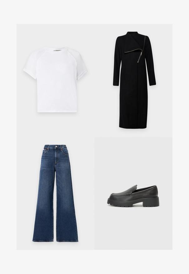 AllSaints MARGOH COAT - Classic coat - black; White cotton t-shirt with a crew neckline, short raglan sleeves, and a relaxed fit. Smooth texture with no visible patterns or accents.; High-waisted, wide-leg jeans made of dark blue denim, featuring a button closure, five pockets, and subtle fading on the thighs.; Black leather loafers with a rounded toe, thick textured sole, and minimal stitching details. Sleek design with no visible laces or hardware.