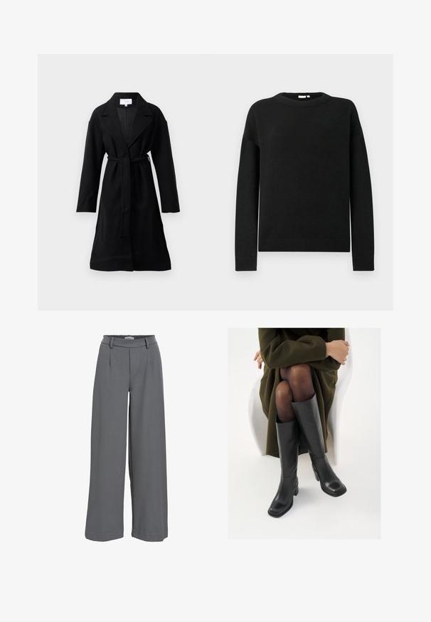 Musta pitkä villakangastakki, jossa on leveät kaulukset, yksittäinen nappikiinnitys ja säädettävä kangashihna vyötäröllä.; Musta pitkähihaisen pyöreäkaulustopin neule, jossa on ribbitetyät hihansuut ja helma, esitelty vaaleanharmaata taustaa vasten.; Sinnikkäät, vaaleanharmaasta kankaasta valmistetut pitkät housut, joissa on rypytetty vyötärö, etupuolella laskokset ja sileä, pehmeä rakenne.; Polvisuoja mustat nahastossud, millel on ruudukujuline varvas ja plokk-kints, on esitatud mudeli seljas, kes istub oliivrohelises mantlis. Sile tekstuur, minimaalne detailitus.