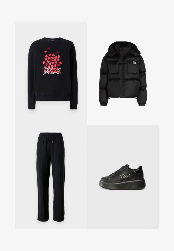 Črn puhovka z visokim ovratnikom, zadrgo spredaj, dvema velikima sprednjima žepoma in elastičnimi manšeti. Gladek, sijoč material s kapuco.; Črna pulover s dolgimi rokavi, ki vsebuje skupino rdečih srčkov in besedo "Karl" v beli kurativni pisavi na sprednjem delu.; Črne trenirke z udobnim krojem, elastičnim pasom, nastavljivim vrvico in vertikalnimi šivi ob nogah. Mehka tekstura tkanine.; Črne platformske superge z gladkim usnjenim zgornjim delom, ravnimi vezalkami in vezanim logotipom "Karl" na strani. Okrogla špica in debel podplat.