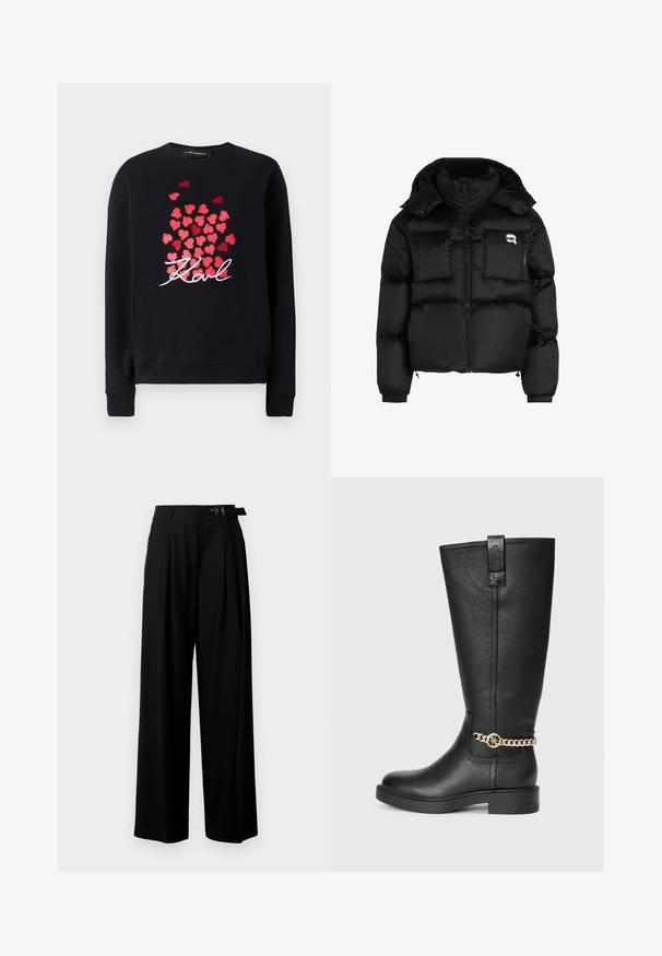 Czarna kurtka puchowa z wysokim kołnierzem, zapinana na zamek z przodu, z dwiema dużymi kieszeniami z przodu i elastycznymi mankietami. Gładki, błyszczący materiał z kapturem.; Czarna bluza z długim rękawem, z grupą czerwonych serc i białym, kursywnym napisem "Karl" z przodu.; Czarne spodnie szerokie w nogawkach z wysokim stanem, z plisami z przodu oraz paskiem z klamrą. Wykonane z gładkiego, lekkiego materiału.; Czarne skórzane kozaki do kolan z teksturowanym wykończeniem, z dekoracyjnym złotym łańcuchem i płaską gumową podeszwą.