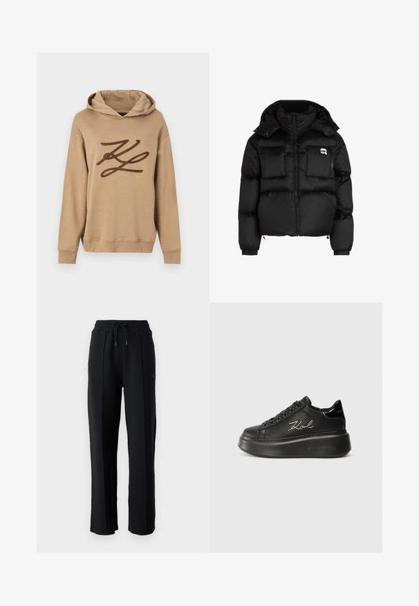 Čierna prešívaná bunda s vysokým golierom, so zipsom vpredu, dvoma veľkými prednými vreckami a elastickými manžetami. Hladká, lesklá tkanina s kapucňou.; Hnedá mikina s kapucňou vyrobená z mäkkej tkaniny, na prednej strane má veľké hnedé logo a klokanie vrecko. Zahrňuje šnúrku na kapucni a rebrované manžety.; Čierne tepláky s uvoľneným strihom, elastickým pásom, nastaviteľnou šnúrkou a vertikálnymi švami pozdĺž nôh. Jahodnatá textúra látky.; Čierne platformové tenisky s hladkým koženým zvrškom, rovnými šnúrkami a vyšívaným logom "Karl" na boku. Zaoblená špička a hrubá podrážka.