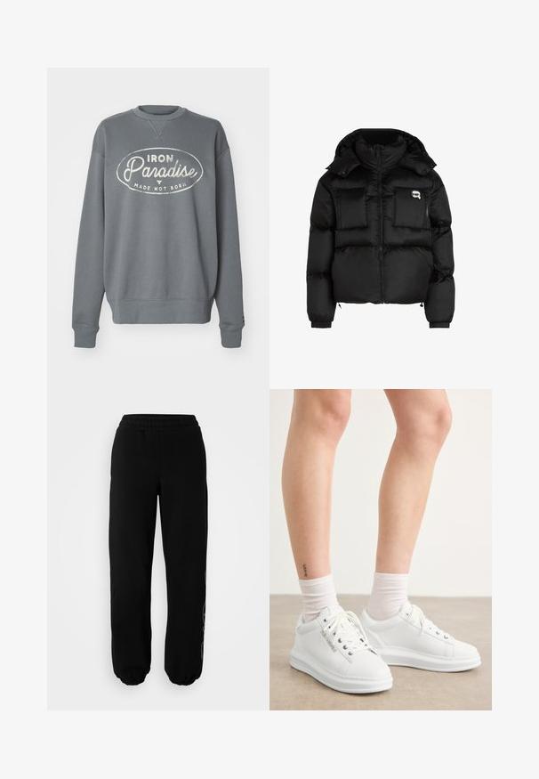 Giacca a vento nera con collo alto, zip frontale, due grandi tasche anteriori e polsini elasticizzati. Tessuto liscio e lucido con cappuccio.; Felpa grigia con scollo rotondo, maniche lunghe, polsini a costina e un design stampato centrale che recita "IRON Paradise MADE NOT BORN."; Pantaloni della tuta neri con vita elasticizzata e polsini. Realizzati in un tessuto morbido con un delicato dettaglio di design sulla gamba sinistra.; Sneaker in pelle bianca con una superficie liscia, punta rotonda e suola in gomma piatta. I lacci sono visibili e i polsini dei calzini sono bianchi.