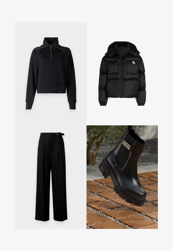 Černá péřová bunda s vysokým límcem, zapínáním na zip, dvěma velkými předními kapsami a elastickými manžetami. Hladká, lesklá látka s kapucí.; Černý zkrácený svetr s vysokým límcem, s designem na půl zip a žebrovanými manžetami, vyrobený z měkké, strukturované tkaniny.; Černé široké kalhoty s vysokým pasem, záhyby vpředu a páskem s přezkou. Vyrobené z hladké, lehké tkaniny.; Černé kožené kotníkové boty s masivní gumovou podrážkou, elastickými bočními panely a zlatým akcentem s logem "GUESS".