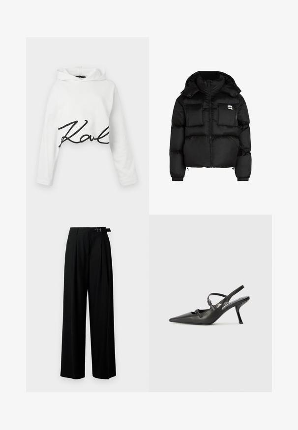 Svart pufferjacka med hög krage, zippered front, två stora framfickor och elastiska ärmslut. Slät, glänsande tyg med huva.; Vit croppad hoodie i mjukt tyg med långa ärmar och en svart skriptlogotyp över framsidan. Slät textur med en avslappnad passform.; Svarta byxor med vida ben och hög midja, med veck framtill och ett bälte med spänne. Tillverkade av ett mjukt, lätt tyg.; Svarta läderklackar med slingback, spetsig tå, smal klack och dekorativ spänndetalj på ovansidan. Slät struktur och stilren design.