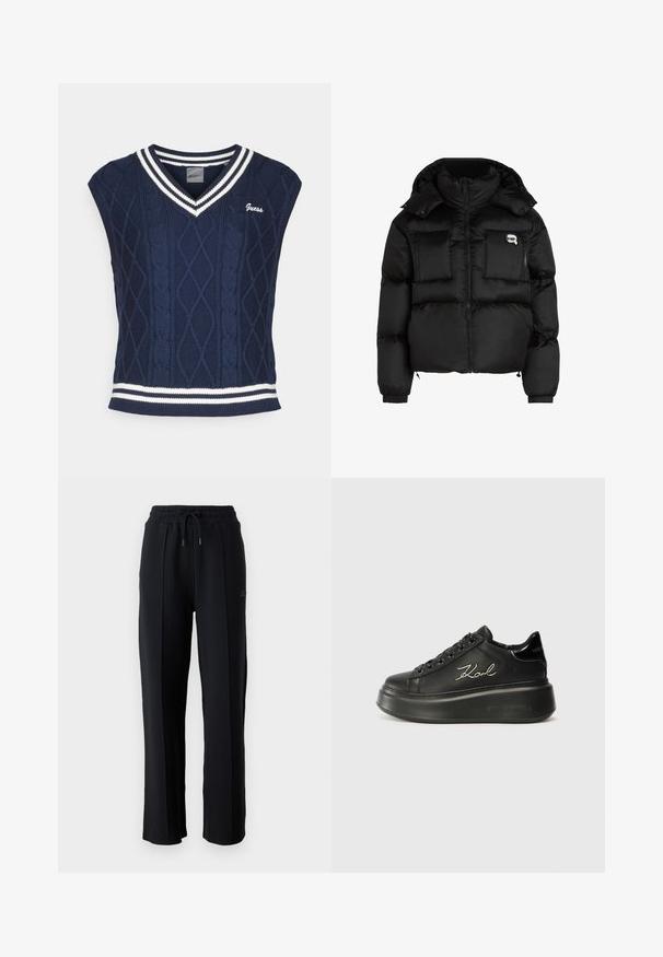 Černá péřová bunda s vysokým límcem, zapínáním na zip, dvěma velkými předními kapsami a elastickými manžetami. Hladká, lesklá látka s kapucí.; Námořnický pletený bezrukávový svetr s výstřihem do V, zdobený kabelovými vzory, bílými pruhy na límci a lemu a logem "Guess".; Černé tepláky s volným střihem, elastickým pasem, nastavitelnou šňůrkou a vertikálními švy podél nohavic. Měkká textilie.; Černé platformové tenisky s hladkým koženým svrškem, plochými tkaničkami a vyšitou logem "Karl" na boku. Kulatá špička a silná podrážka.