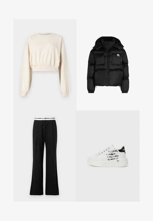 Must mustjakker, millel on kõrge krae, lukuga esiosa, kaks suurt eesmist taskut ja elastsed mansetid. Sile, läikiv kangas kapuutsiga.; Lühendatud beež dressipluus pikkade ja volüümikate varrukatega. Omab elastset vööd ja soonikuid varrukate otstes. Kaeluse lähedal on peen logo broderitud.; Mustad püksid, millel on mugav lõige, valge elastse vöökohtaga, millel on kaubamärgi logo. Valmistatud siledast kangast, millel on kerge läige.; Valged platvorminike mustade aktsentidega, tekstureeritud tallaga ja käsitsi kirjutatud tekstiga külgedel. Sujuv nahk.