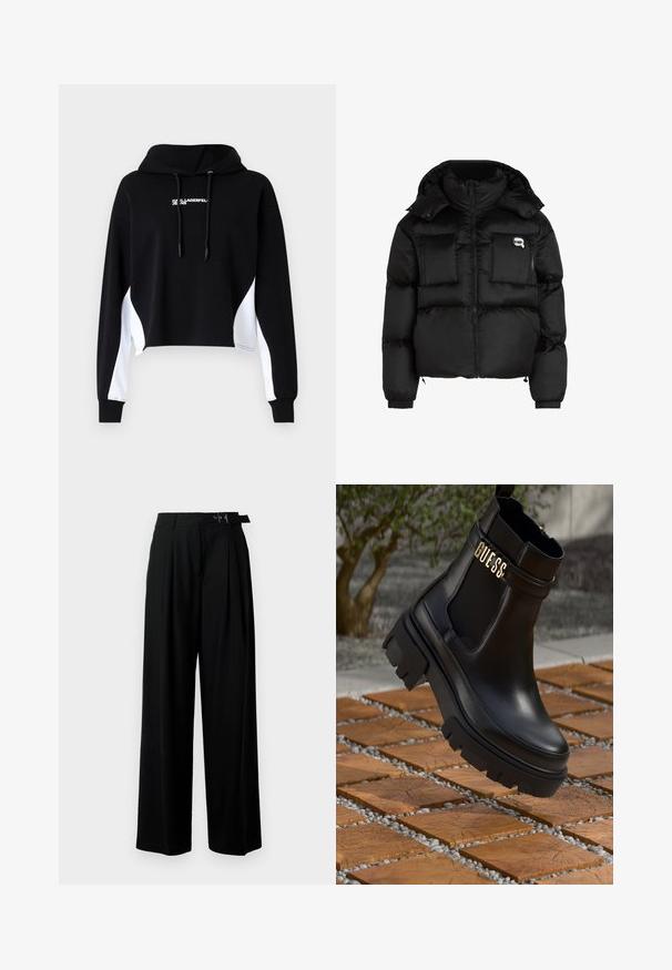 Zwarte puffer jacket met een hoge kraag, ritssluiting aan de voorkant, twee grote zakken aan de voorkant en elastische manchetten. Glad, glanzend materiaal met een kap.; Zwarte cropped hoodie met witte zijpanelen, een trekkoordkap en letterprint aan de voorkant. Gemaakt van zachte stof; heeft lange mouwen en geribbelde manchetten.; Zwarte wijde broek met hoge taille, plooien aan de voorkant en een riem met een gesp. Gemaakt van glad, lichtgewicht stof.; Zwarte leren enkelboot met een chunky rubberen zool, elastische zijpanelen en een gouden accent met "GUESS" branding.