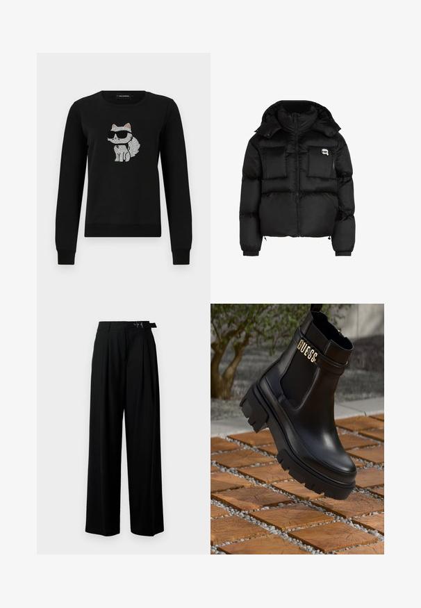 Giacca a vento nera con collo alto, zip frontale, due grandi tasche anteriori e polsini elasticizzati. Tessuto liscio e lucido con cappuccio.; Felpa nera con un design di un gatto realizzato in strass, che indossa occhiali da sole. Il collo è a girocollo, con polsini a coste sulle maniche.; Pantaloni neri a gamba larga con vita alta, pieghe nella parte anteriore e una cintura con fibbia. Realizzati in tessuto liscio e leggero.; Stivale alla caviglia in pelle nera con suola in gomma spessa, pannelli laterali in elastico e un accento dorato con il marchio "GUESS".