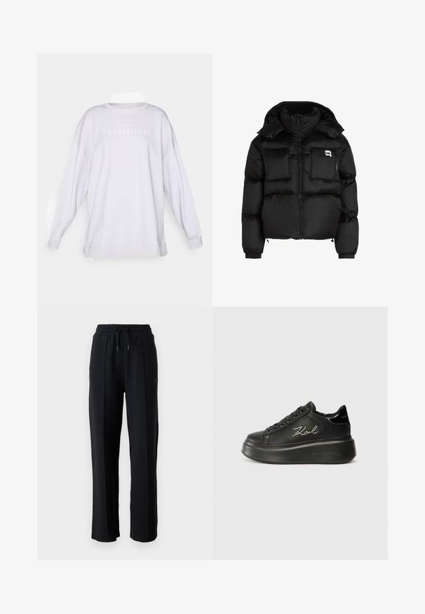 Fekete puffertakó, magas gallérral, cipzáras elülső résszel, két nagy elülső zsebbel és rugalmas mandzsettákkal. Sima, fényes anyagból készült, kapucnival.; Fehér, oversize kapucnis pulóver hosszú ujjal, kerek nyakkal, és finom szürke nyomott "ATHLEISURE" felirattal a mellkas területén. Puha szövettextúra.; Fekete melegítőnadrág laza szabással, rugalmas derékpánttal, állítható húzózsinórral és függőleges varrásokkal a lábak mentén. Puha szövet textúra.; Fekete platform sportcipők, amelyek sima bőr felsőrésszel, lapos fűzőkkel és hímezett "Karl" logóval rendelkeznek az oldalukon. Kerek orrúak és vastag talpúak.