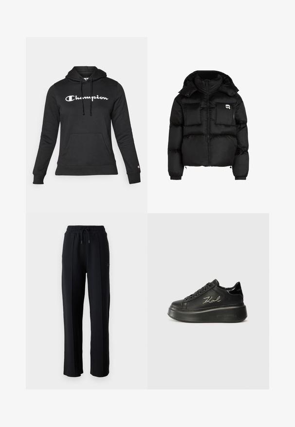 Crni puffer jakna s visokim ovratnikom, zatvorenjem na zip, dva velika prednja džepa i elastičnim rukavima. Glatka, sjajna tkanina s kapuljačom.; Crna dukserica od mekog materijala s prednjim džepom, vezicama i istaknutim bijelim logom "Champion" na prsima.; Crne trenirke s opuštenim krojem, elastičnim pojasom, podesivom vezicom i vertikalnim šavovima duž nogu. Mekani materijal.; Crne platforme tenisice s glatkim kožnim gornjim dijelom, ravnim vezicama i vezom "Karl" na strani. Zaobljen prst i debela potplat.