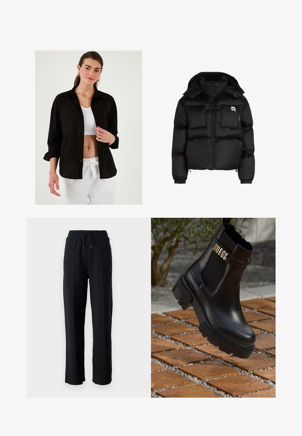 Chaqueta de plumas negra con cuello alto, cierre frontal con cremallera, dos grandes bolsillos delanteros y puños elásticos. Tela suave y brillante con capucha.; Camisa de lino negra con un ajuste relajado, con botones en la parte delantera y mangas remangadas, superpuesta a una camiseta blanca de canalé. Pantalones blancos con cordón.; Pantalones de chándal negros con un corte relajado, cinturilla elástica, cordón ajustable y costuras verticales a lo largo de las piernas. Textura de tela suave.; Botín de cuero negro que presenta una suela de goma gruesa, paneles laterales elásticos y un acento dorado con la marca "GUESS".