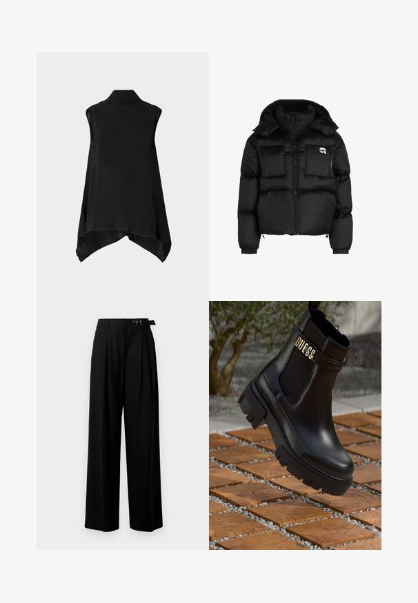 Fekete puffertakó, magas gallérral, cipzáras elülső résszel, két nagy elülső zsebbel és rugalmas mandzsettákkal. Sima, fényes anyagból készült, kapucnival.; Fekete ujjatlan blúz, struktúrált gallérral, folyékony anyagból készült, aszimmetrikus szegéllyel. Simább textúra, egyszerű, elegáns dizájn.; Fekete, bő szárú nadrág magas derékkal, elöl pliszírozva, és csattal ellátott övvel. Simább, könnyű anyagból készült.; Fekete bőr bokacsizma tömzsi gumitalppal, elasztikus oldalsó panelekkel és arany részletként a "GUESS" márkázással.