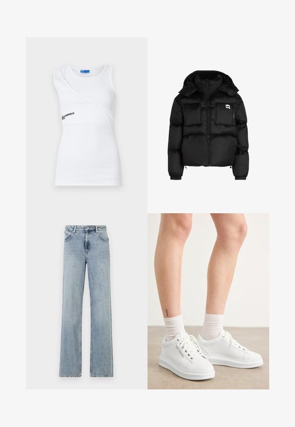 Must mustjakker, millel on kõrge krae, lukuga esiosa, kaks suurt eesmist taskut ja elastsed mansetid. Sile, läikiv kangas kapuutsiga.; Valge ribidega T-särk ebatavalise disainiga, millel on üks õlapael ja silmapaistev must logo esiküljel.; Heledad sinine, lai jalgadega teksapüksid, valmistatud denimist. Omab nööbi ja lukuga sulgemist, eesmissid ja kerget pleekimist. Puhtad servad.; Valged nahast spordijalatsid, millel on siledat tekstuuri, ümar varvas ja lame kummitald. Paelad on nähtavad ning sokivarrukad on valged.