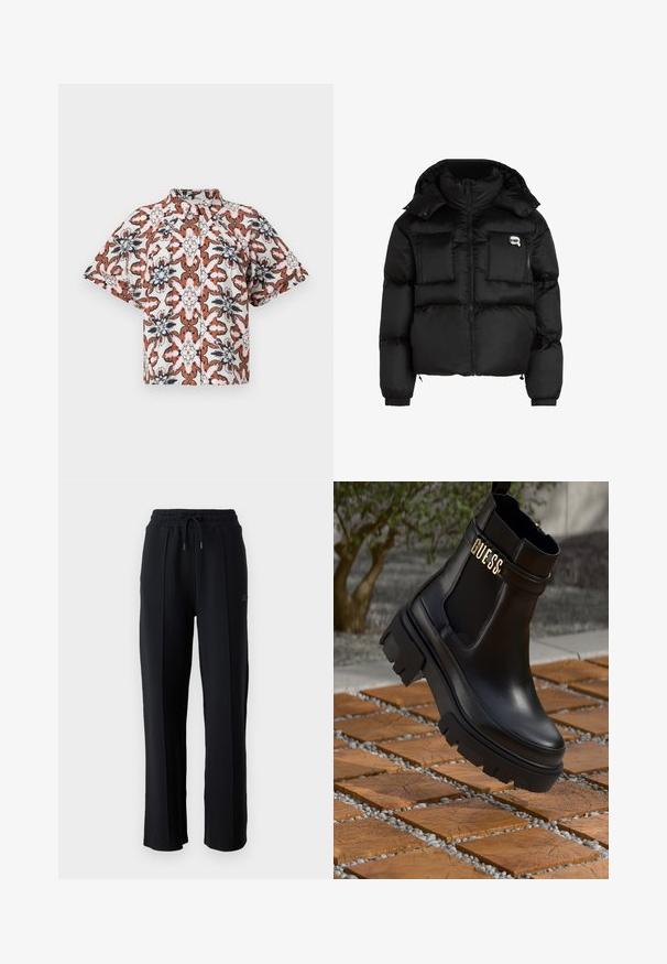 Schwarze Daunenjacke mit hohem Kragen, Reißverschluss vorne, zwei großen Fronttaschen und elastischen Bündchen. Glattes, glänzendes Material mit Kapuze.; Kurze Ärmel, knöpfbares Hemd in Weiß mit floralem Muster in Rost-, Marineblau- und Rosatönen. Verfügt über einen Stehkragen und einen lockeren Schnitt.; Schwarze Sweatpants mit lässiger Passform, elastischem Bund, verstellbarem Kordelzug und vertikalen Nähten entlang der Beine. Weicher Stoffeindruck.; Schwarze Leder-Ankle-Boots mit einer groben Gummisohle, elastischen seitlichen Einsätzen und einem goldenen Akzent mit "GUESS"-Markierung.
