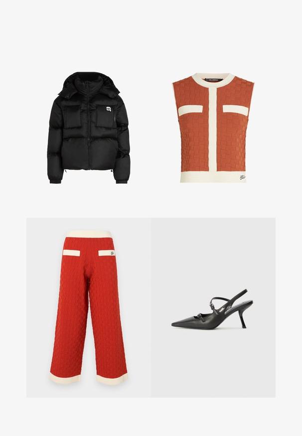 Fekete puffertakó, magas gallérral, cipzáras elülső résszel, két nagy elülső zsebbel és rugalmas mandzsettákkal. Sima, fényes anyagból készült, kapucnival.; Ujjatlan felső égett narancssárga színben, texturált szövött mintával, fehér bordás részletekkel, valamint két mellzsebbel, fehér kerettel.; Piros texturált, bőszárú nadrág négyzetrácsos mintával, krém színű bordázott derékrésszel és zsebkiegészítőkkel.; Fekete bőrszíjjal ellátott magassarkú cipő, hegyes orral, karcsú sarkával és díszes csattal a vamp részén. Simás textúra és elegáns dizájn.