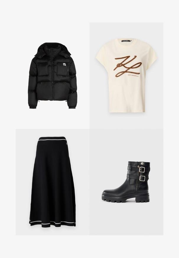 Svart pufferjakke med høy krage, glidelås foran, to store frontlommer og elastiske mansjetter. Glatt, blankt stoff med hette.; Kremfarget bomull T-skjorte med korte ermer, med en brun brodert logo og skriftdesign på fronten.; Svart strikket skjørt med en utsvingt silhuett, med en hvit ribbestrikket midje og hvite detaljer langs kanten. Glatt tekstur.; Svart lær ankelstøvel med doble spenne detaljer, glidelås, kraftig såle og jevn tekstur. Har et robust og stilfullt design.