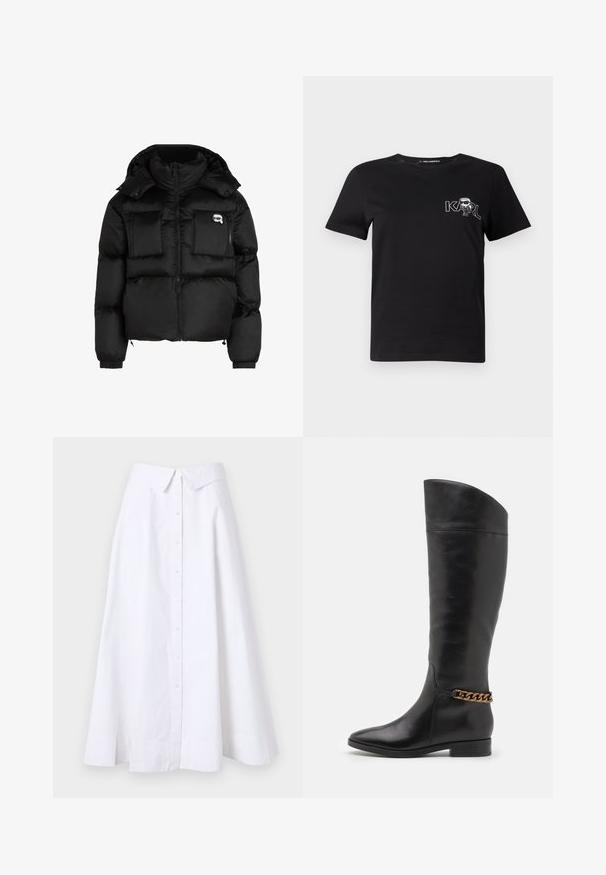 Čierna prešívaná bunda s vysokým golierom, so zipsom vpredu, dvoma veľkými prednými vreckami a elastickými manžetami. Hladká, lesklá tkanina s kapucňou.; Čierne tričko s krátkym rukávom vyrobené z bavlny. Obsahuje bielu grafiku s textom "KARL" a stilizovanou postavou na hrudi. Okrúhly výstrih.; Biela dlhá sukňa vyrobená z ľahkej textílie, s predným zapínaním na gombíky, širokým lemom a štruktúrovaným golierom. Hladká textúra bez viditeľného vzoru.; Vysoké čierne kožené čižmy so štíhlym dizajnom, špicatou špičkou a zlatým reťazovým akcentom na členku. Nízky blokový podpätok. Hladká textúra.