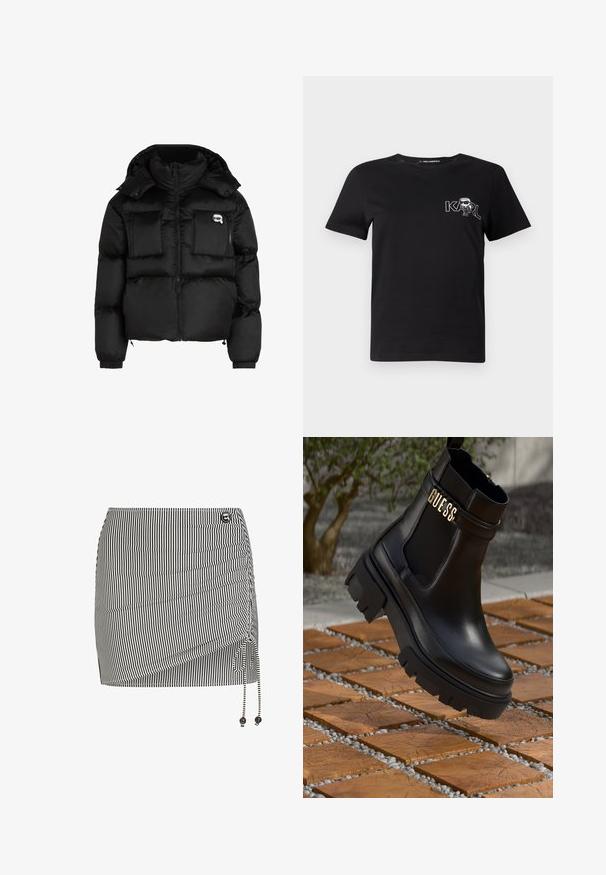 Fekete puffertakó, magas gallérral, cipzáras elülső résszel, két nagy elülső zsebbel és rugalmas mandzsettákkal. Sima, fényes anyagból készült, kapucnival.; Fekete, rövid ujjú póló pamutból. Fehér grafikával rendelkezik, amelyen a "KARL" felirat és egy stilizált figura látható a mellkason. Kerek nyakkivágással.; Fekete-fehér csíkos mini szoknya összegyűrt oldali részlettel, állítható kötőfával és díszes gyöngyökkel a zsinór végén.; Fekete bőr bokacsizma tömzsi gumitalppal, elasztikus oldalsó panelekkel és arany részletként a "GUESS" márkázással.