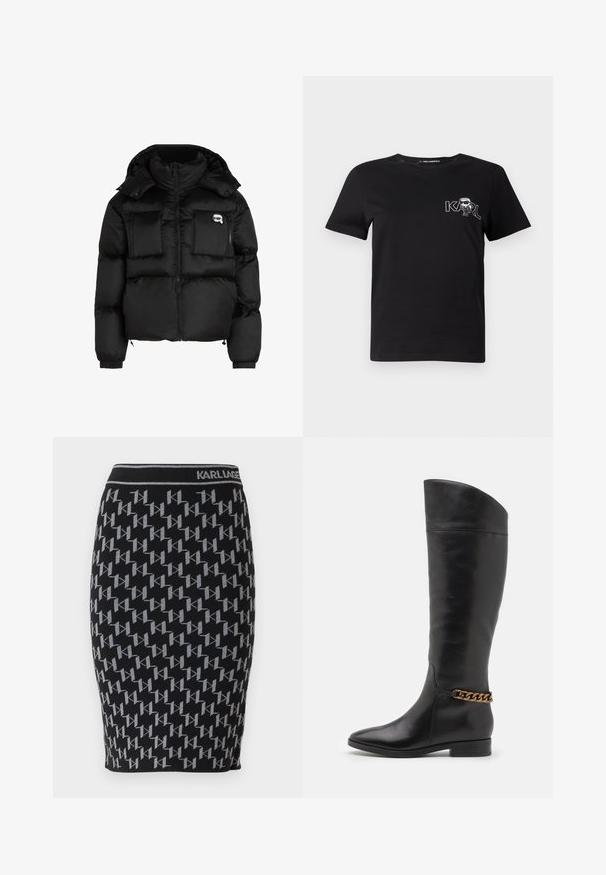 Juodas pūkinis švarkas su aukštu apykakle, užtrauktuku priekyje, dviem didelėm priekinėm kišenėm ir elastingomis rankovėmis. Lygus, blizgus audinys su kapišonu.; Juodas trumpomis rankovėmis marškinėliai, pagaminti iš medvilnės. Puošia balta grafika su tekstu "KARL" ir stilizuotu figūra ant krūtinės. Apvalus iškirpimas.; Juodas megztas pieštuko sijonas su pasikartojančiu pilku "KL" logotipo raštu ir juodu juosmens diržu su prekės ženklu "KARL LAGERFELD."; Aukšti juodi odiniai batai su liekna forma, smailiu smaigaliu ir aukso grandinėlės akcentu ties kulkšnimi. Žemas bloko kulnas. Lygi tekstūra.