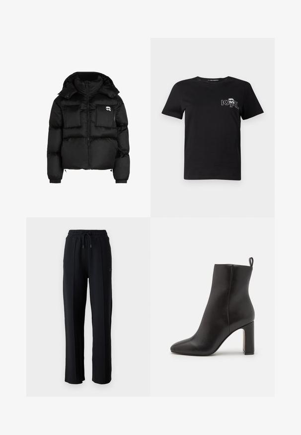 Crni puffer jakna s visokim ovratnikom, zatvorenjem na zip, dva velika prednja džepa i elastičnim rukavima. Glatka, sjajna tkanina s kapuljačom.; Crna majica kratkih rukava od pamuka. Ima bijelu grafiku s natpisom "KARL" i stiliziranom figurom na prsima. Okrugli izrez.; Crne trenirke s opuštenim krojem, elastičnim pojasom, podesivom vezicom i vertikalnim šavovima duž nogu. Mekani materijal.; Crne kožne gležnjače s izduženim prstom, cilindričnom visokim potpeticom i petnim fisom za lako obuvanje. Glatka tekstura.