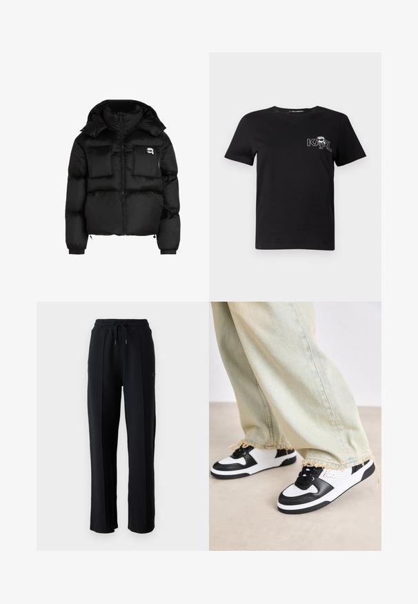 Chaqueta de plumas negra con cuello alto, cierre frontal con cremallera, dos grandes bolsillos delanteros y puños elásticos. Tela suave y brillante con capucha.; Camiseta de algodón de manga corta en color negro. Cuenta con un gráfico blanco que presenta el texto "KARL" y una figura estilizada en el pecho. Cuello redondo.; Pantalones de chándal negros con un corte relajado, cinturilla elástica, cordón ajustable y costuras verticales a lo largo de las piernas. Textura de tela suave.; Zapatillas en blanco y negro con un diseño perforado, acentos negros y una suela texturizada, combinadas con unos jeans azul claro deshilachados.
