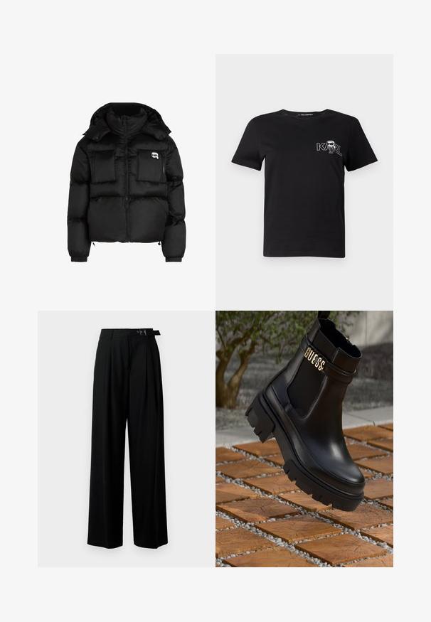 Schwarze Daunenjacke mit hohem Kragen, Reißverschluss vorne, zwei großen Fronttaschen und elastischen Bündchen. Glattes, glänzendes Material mit Kapuze.; Schwarzes T-Shirt mit kurzen Ärmeln aus Baumwolle. Mit einem weißen Grafikdesign auf der Brust, das den Text "KARL" und eine stilisierte Figur zeigt. Rundhalsausschnitt.; Schwarze weit geschnittene Hosen mit hoher Taille, Falten an der Vorderseite und einem Gürtel mit Schnalle. Hergestellt aus glattem, leichtem Stoff.; Schwarze Leder-Ankle-Boots mit einer groben Gummisohle, elastischen seitlichen Einsätzen und einem goldenen Akzent mit "GUESS"-Markierung.
