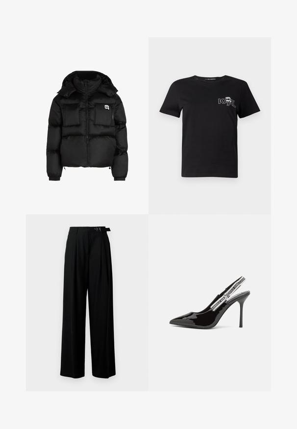 Svart pufferjakke med høy krage, glidelås foran, to store frontlommer og elastiske mansjetter. Glatt, blankt stoff med hette.; Svart kortermet t-skjorte laget av bomull. Har et hvitt grafisk trykk med teksten "KARL" og en stilisert figur på brystet. Rund hals.; Svarte vide bukser med høy livlinje, folder foran og belte med spenne. Laget av glatt, lett materiale.; Svart lakkskinns slingback-pumps med spiss tå, smal stiletthæl og justerbar rem med en logo i hvit tekst.