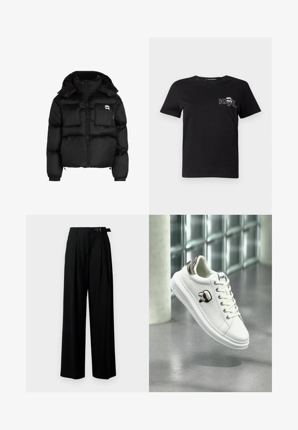Czarna kurtka puchowa z wysokim kołnierzem, zapinana na zamek z przodu, z dwiema dużymi kieszeniami z przodu i elastycznymi mankietami. Gładki, błyszczący materiał z kapturem.; Czarna koszulka t-shirt z krótkim rękawem wykonana z bawełny. Posiada biały nadruk z napisem "KARL" oraz stylizowaną postacią na klatce piersiowej. Okrągły dekolt.; Czarne spodnie szerokie w nogawkach z wysokim stanem, z plisami z przodu oraz paskiem z klamrą. Wykonane z gładkiego, lekkiego materiału.; Białe sneakersy Karl Lagerfeld z sznurowanym przodem, czarną i beżową naszywką z logo oraz metaliczną srebrną pętelką na pięcie, unoszące się nad szarym podłożem.