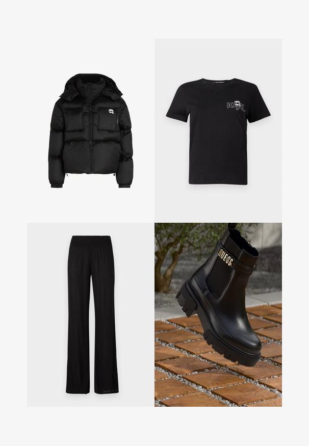 Giacca a vento nera con collo alto, zip frontale, due grandi tasche anteriori e polsini elasticizzati. Tessuto liscio e lucido con cappuccio.; T-shirt nera a maniche corte in cotone. Presenta una grafica bianca con il testo "KARL" e una figura stilizzata sul petto. Collo rotondo.; Pantaloni neri a gamba larga con vita elasticizzata, realizzati in tessuto leggero con una sottile texture e un taglio dritto e fluido.; Stivale alla caviglia in pelle nera con suola in gomma spessa, pannelli laterali in elastico e un accento dorato con il marchio "GUESS".