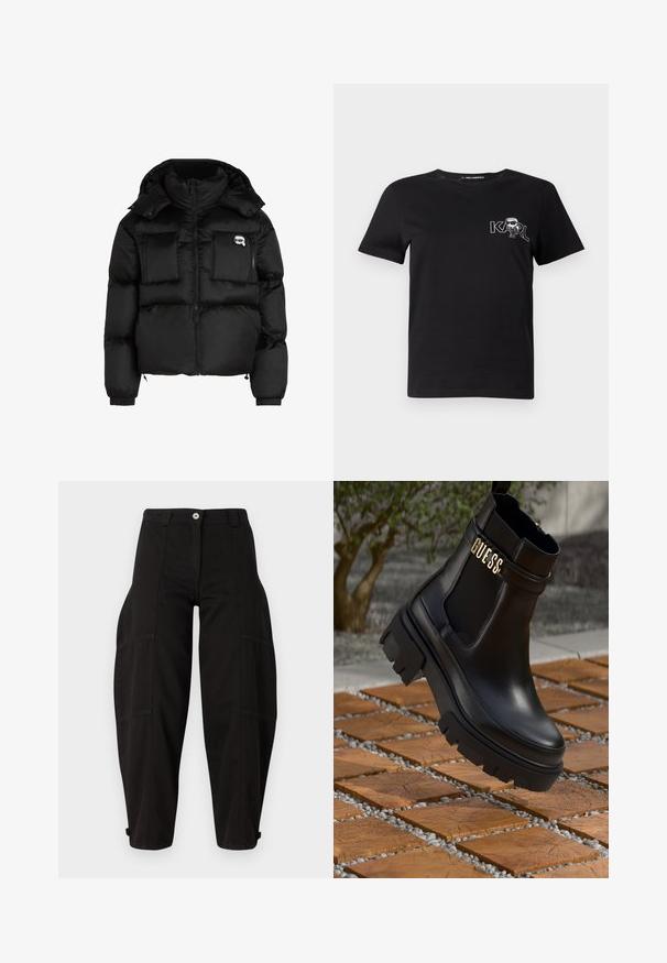 Must mustjakker, millel on kõrge krae, lukuga esiosa, kaks suurt eesmist taskut ja elastsed mansetid. Sile, läikiv kangas kapuutsiga.; Must ja lühikeste varrukatega T-särk, mis on valmistatud puuvillast. Esiküljel on valge graafika tekstiga "KARL" ning stiliseeritud kuju. Ümar kaelus.; Mustad vabaaja püksid, mis on valmistatud vastupidavast puuvillakangast. Tootes on küljetaskud, nupukinnitus ja sääreotsas kummid.; Must musta saapad mustast nahast, millel on paks kummist tald, elastsed külgpaneelid ja kuldne aksent "GUESS" brändingu logoga.